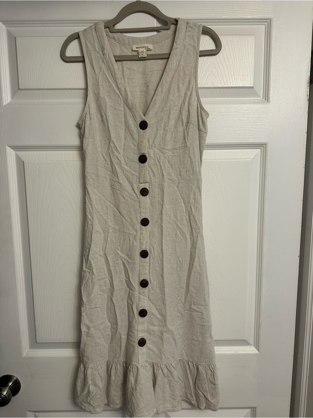 Monteau Natural Beige Button-Front Ruffle Hem Midi Dress